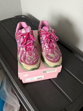 New Balance Pink Paisley Sneakers with Green Trim